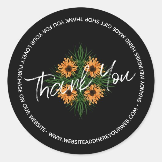 ひまわり手描きスクリプトビジネスありがとうありがとう ラウンドシール (正面)