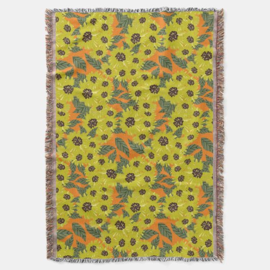 ひまわり手描きフローラ緑イエローオレンジ スローブランケット (正面縦)