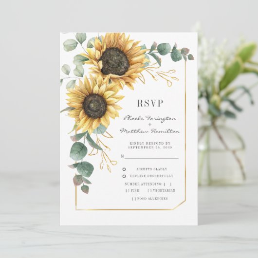 ひまわり明るい植物結婚式RSVPカード (スタンド正面)