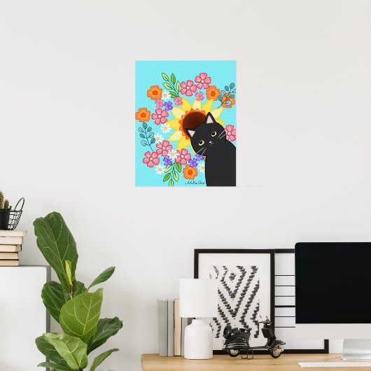 ひまわり明るい猫カラフルアートと黒猫 ポスター (ホームオフィス)