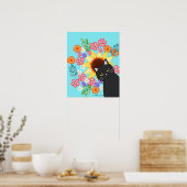 ひまわり明るい猫カラフルアートと黒猫 ポスター (キッチン)