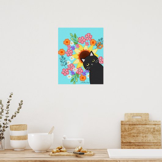 ひまわり明るい猫カラフルアートと黒猫 ポスター (キッチン)