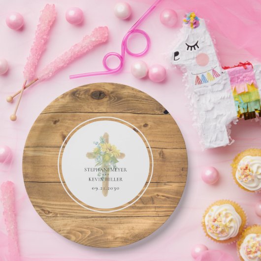 ひまわり木製クロス結婚ラウンド ペーパープレート (パーティー)