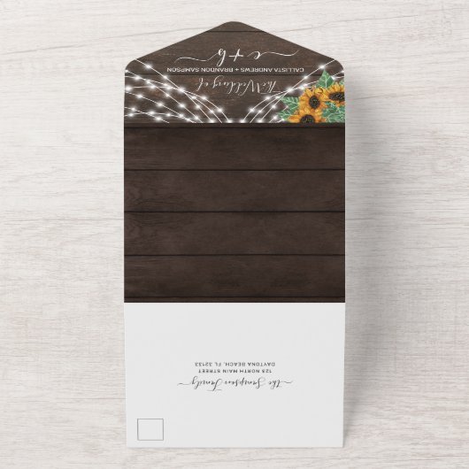 ひまわり木製ストリングライトフォトウェディングRSVP オールインワン招待状 (外側)