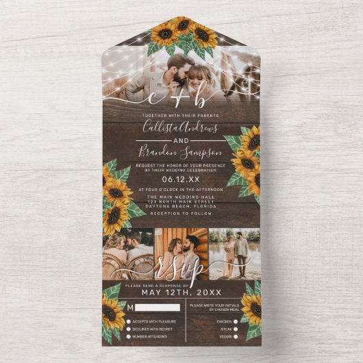 ひまわり木製ストリングライトフォトウェディングRSVP オールインワン招待状 (内側)