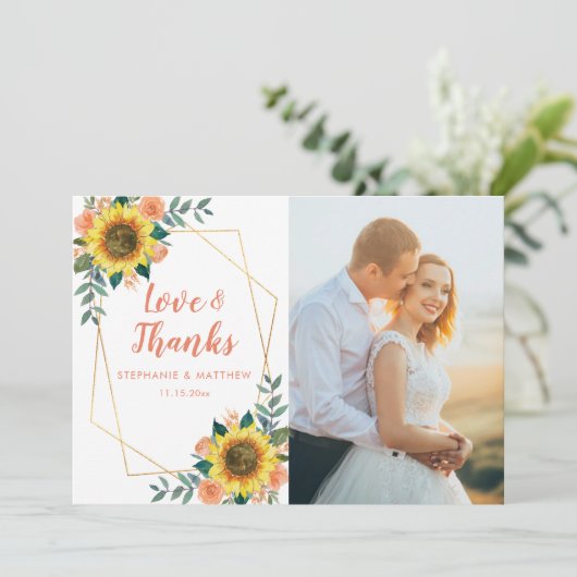 ひまわり桃バラ幾何結婚的な写真 サンキューカード (スタンド正面)