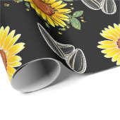 ひまわり模様包み紙、黒背景 ラッピングペーパー (ロールコーナー)