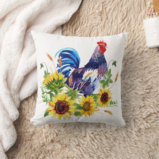 ひまわり水彩アート装飾用クッション付き鶏 クッション (ブランケット)