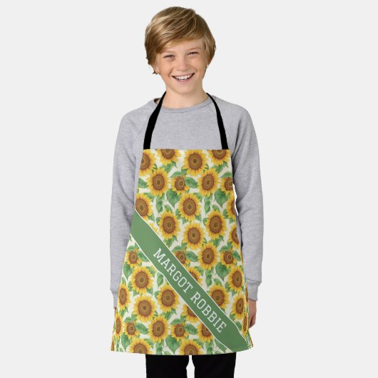 ひまわり水彩カラフルパーソナライズされた模様 エプロン (着用した状態)