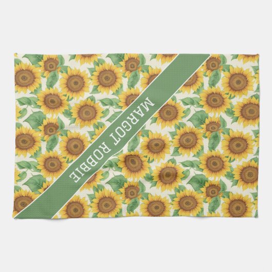 ひまわり水彩カラフルパーソナライズされた模様 キッチンタオル (横)