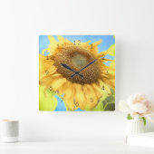 ひまわり水彩カントリーイエローブルー素朴 スクエア壁時計 (ホーム)