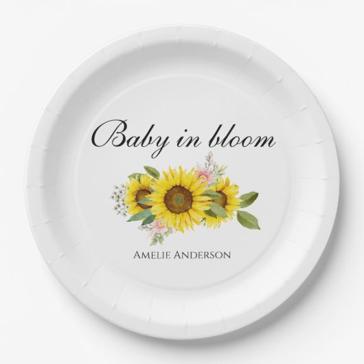 ひまわり水彩ピンクフローラベビーシャワー ペーパープレート (正面)