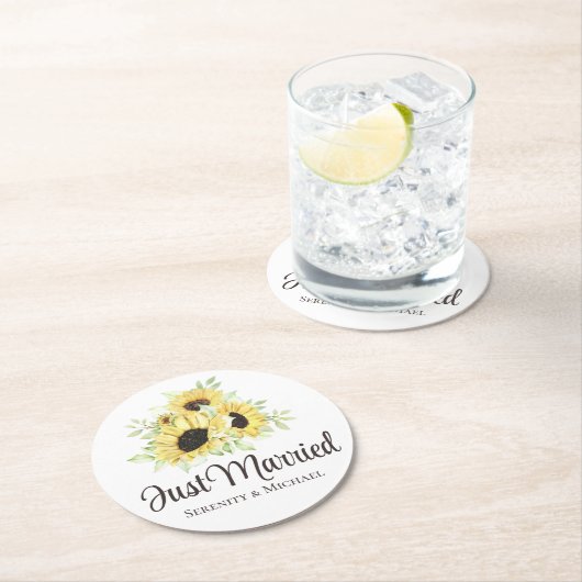 ひまわり水彩フローラたった今結婚しました結婚ズ ラウンドペーパーコースター (インサイチュ)