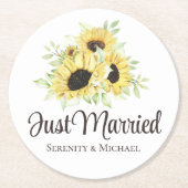 ひまわり水彩フローラたった今結婚しました結婚ズ ラウンドペーパーコースター (正面)