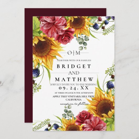 ひまわり水彩フローラ結婚式招待状 招待状 (正面/裏面)