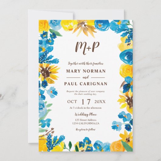 ひまわり水彩リース秋写真結婚の 招待状 (正面)