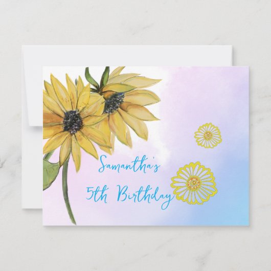 ひまわり水彩五番目の女の子フォト誕生日 サンキューカード (裏面)