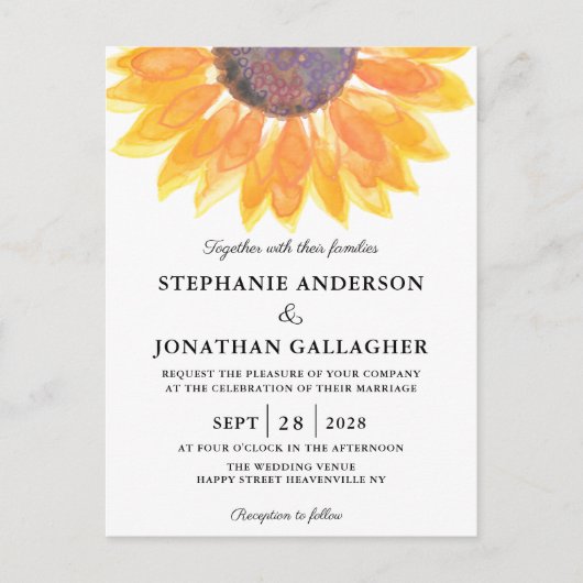 ひまわり水彩結婚式招待状葉書 インビテーションポストカード (正面)