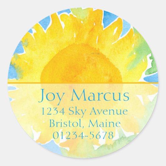 ひまわり水彩絵画差出人住所 ラウンドシール (正面)
