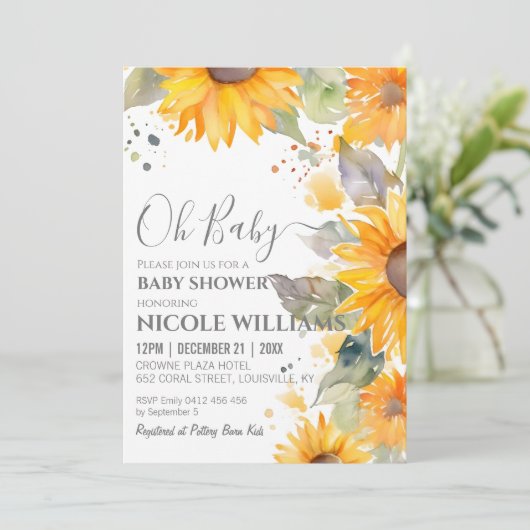ひまわり水彩赤ちゃん絵画シャワーのフレーム 招待状 (スタンド正面)