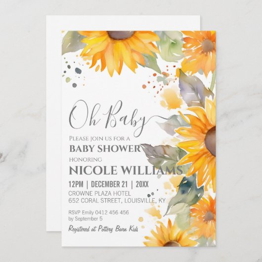 ひまわり水彩赤ちゃん絵画シャワーのフレーム 招待状 (正面/裏面)