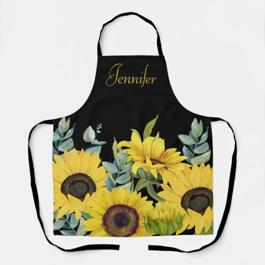 ひまわり水彩黒背景モノグラム エプロン (正面)