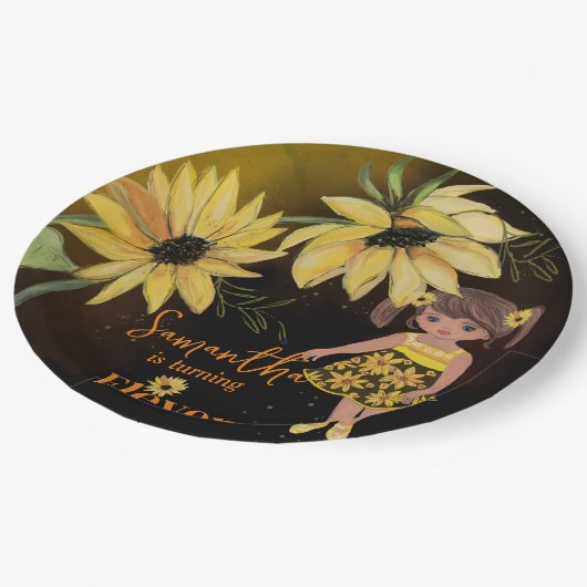 ひまわり水彩5番目のガールブラック誕生日 ペーパープレート (アングル)