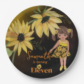 ひまわり水彩5番目のガールブラック誕生日 ペーパープレート (正面)