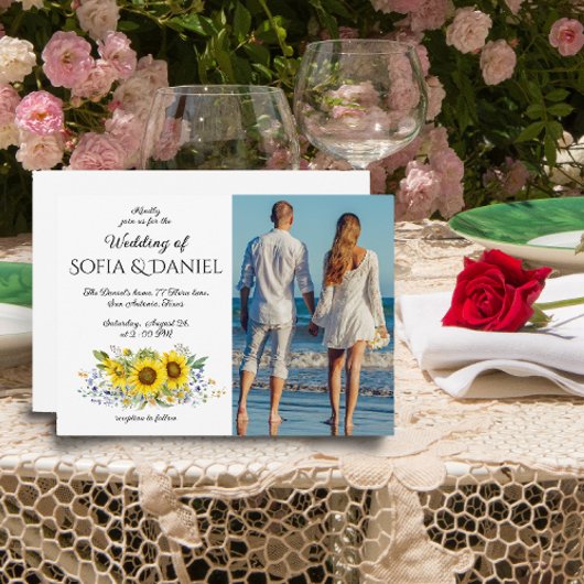 ひまわり水色ブルー結婚の写真Invitation 招待状