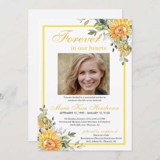 ひまわり永遠に緑の私たちのハート葬儀 招待状 (正面/裏面)