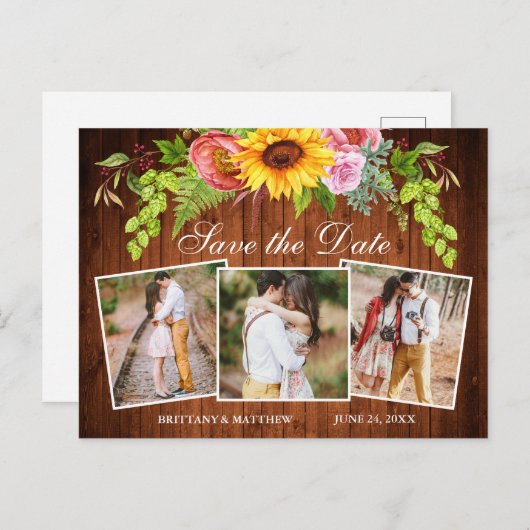 ひまわり混合フローラ木材3写真の保存日付 ポストカード (正面/裏面)