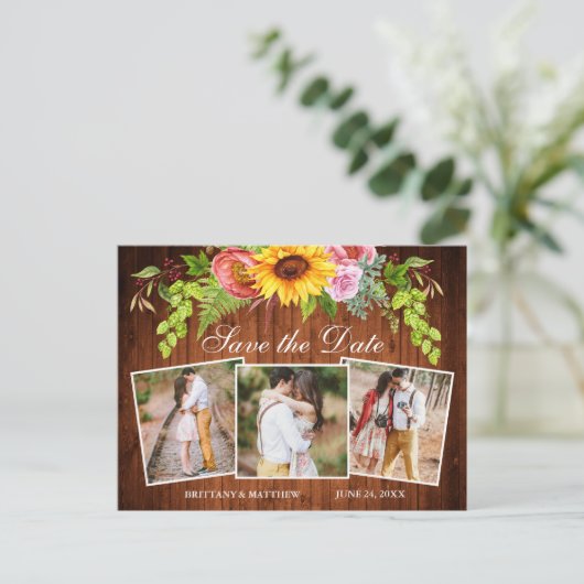 ひまわり混合フローラ木材3写真の保存日付 ポストカード (スタンド正面)