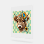 ひまわり牛、かわいいハイランド牛 アクリルサイン (傾斜)