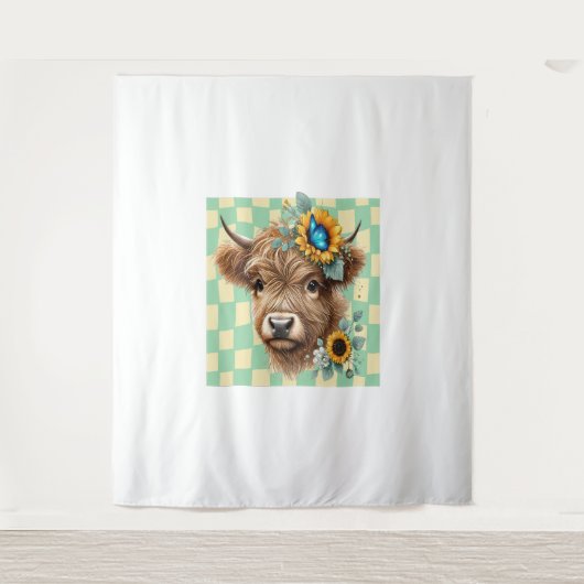 ひまわり牛、かわいいハイランド牛 タペストリー (正面)