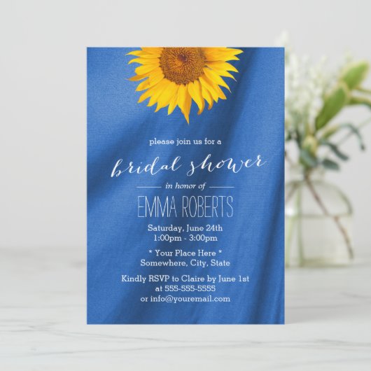 ひまわり王室のブルーファブリックブライダルシャワー 招待状 (スタンド正面)