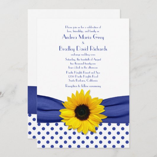 ひまわり王室のブルーホワイト水玉模様結婚ズ 招待状 (正面/裏面)