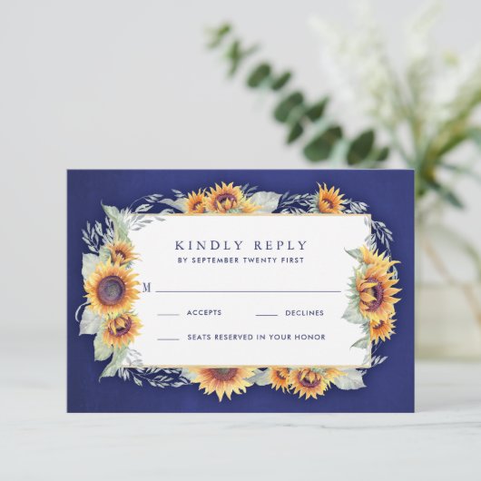 ひまわり王室のブルー素朴ウェディングRSVPカード 出欠カード (スタンド正面)