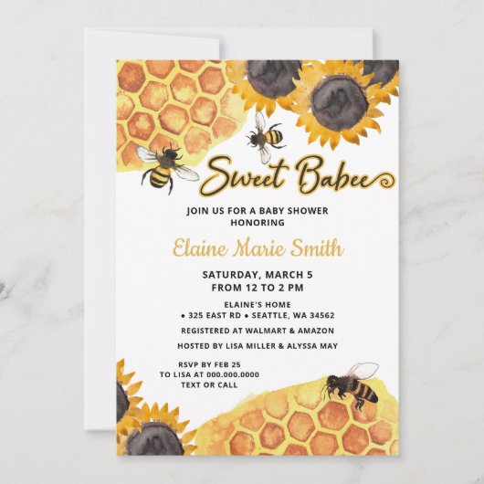 ひまわり甘いバビーハニービーベイビーシャワー 招待状 (正面)