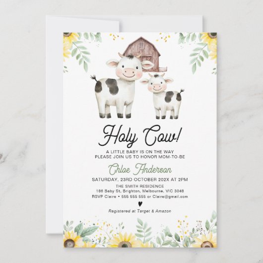 ひまわり男女兼用の聖牛の赤ちゃんシャワー 招待状 (正面)