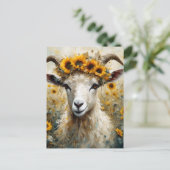 ひまわり畑で愛らしいアンゴラヤギ ポストカード (スタンド正面)