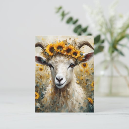 ひまわり畑で愛らしいアンゴラヤギ ポストカード (スタンド正面)