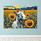 ひまわり畑で愛らしいヤギ キャンバスプリント (インサイチュ (ウッドフロア))
