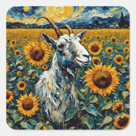 ひまわり畑で愛らしいヤギ スクエアシール
