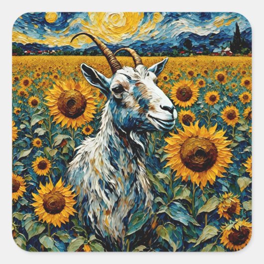 ひまわり畑で愛らしいヤギ スクエアシール (正面)