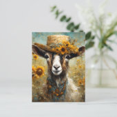 ひまわり畑で愛らしいヤギ ポストカード (スタンド正面)