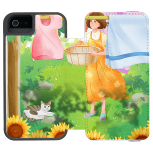 ひまわり畑で洗濯物を干す可愛い女の子 iPhone SE/5/5sウォレットケース