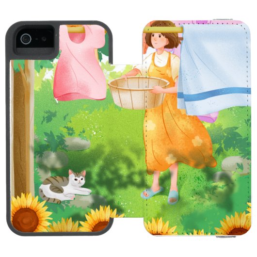 ひまわり畑で洗濯物を干す可愛い女の子 INCIPIO iPhoneウォレットケース (フォリオ Open)