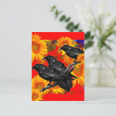 ひまわり畑に生息する3羽の黒い鳥 ポストカード (スタンド正面)