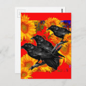 ひまわり畑に生息する3羽の黒い鳥 ポストカード (正面/裏面)