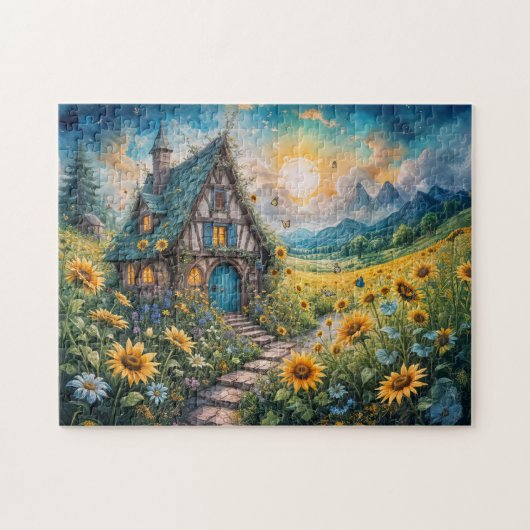 ひまわり畑のある魔法のコテージ ジグソーパズル (横)